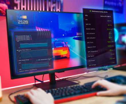 Person playing on PC with a performance monitor on the screen.