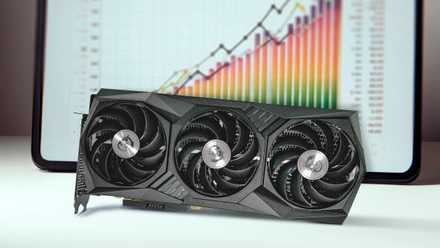 A GPU and a benchmark chart in the background.