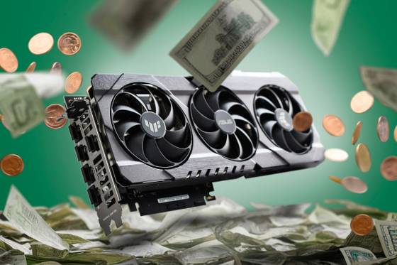 A GPU with a pile of money around it.