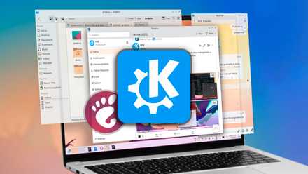 A laptop with some KDE Plasma windows open and the KDE logo in the center of the screen with the Gnome logo behind.