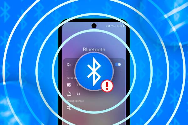 A phone on the Bluetooth pairing screen and the Bluetooth icon in the center.