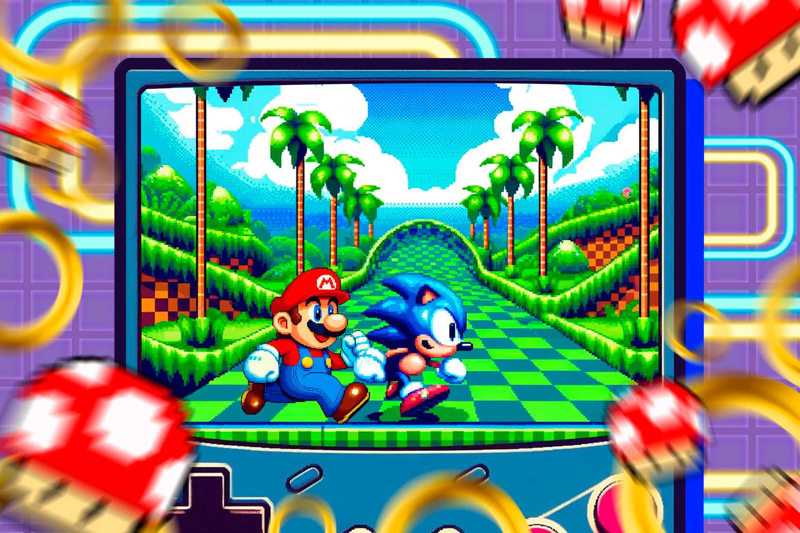 Um jogo portátil retrô com Super Mario e Sonic na tela.