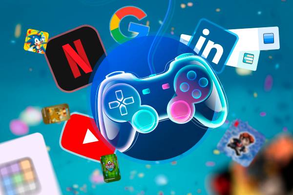 An illustration of a video game control and some apps and logos sites with some games