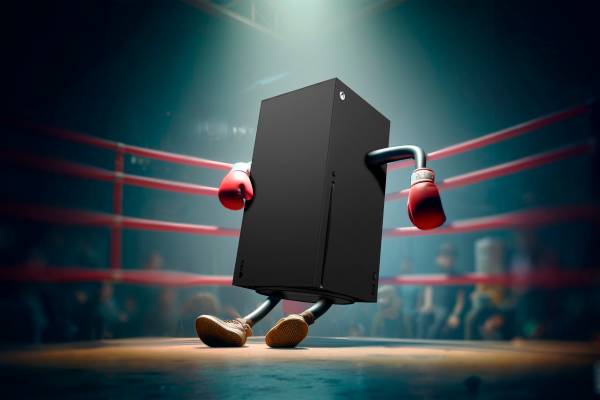 An Xbox Series X defeated in a boxing ring.