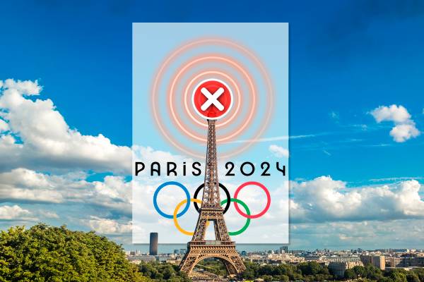 Eiffel Tower with the image of the 2024 Paris Olympics behind it and a symbol representing a lack of transmission.