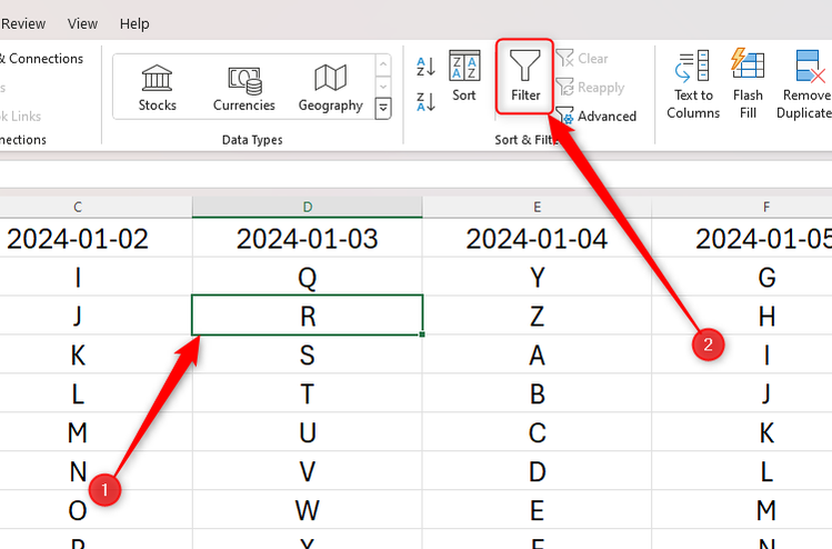 An unformatted Excel table with the Filter icon in the Data tab highlighted.