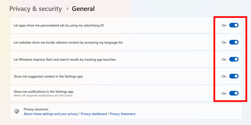 General privacy settings on Windows displayed.