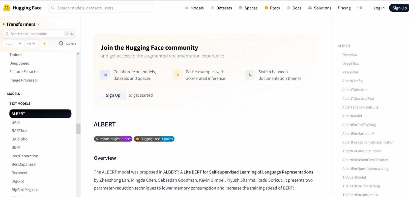 Hugging Face ALBERT Homepage.