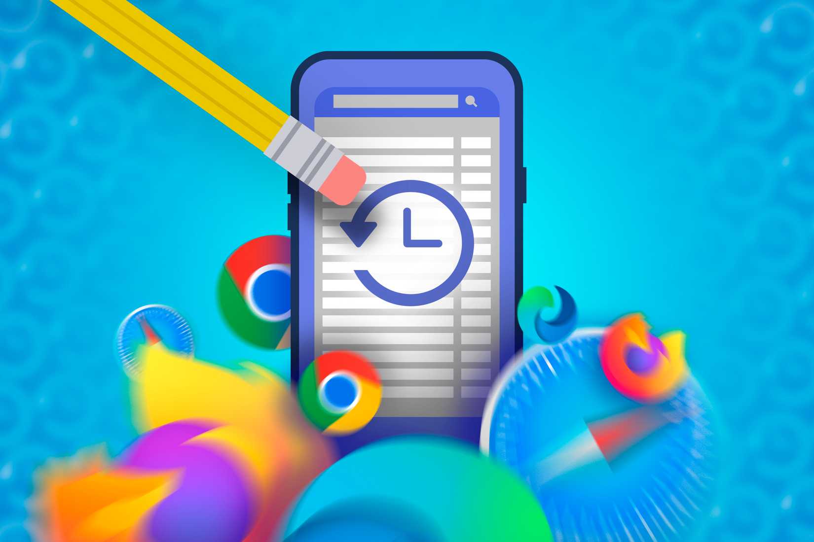 Illustration of a pencil erasing browser history on a phone and several browser icons.