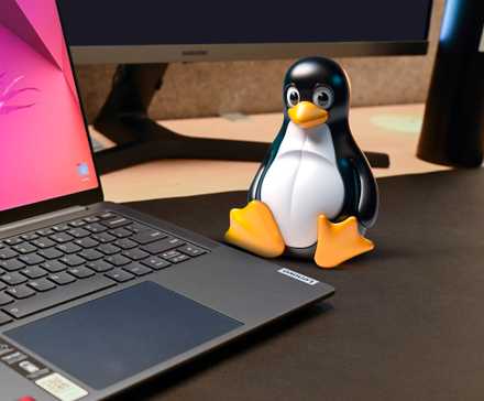 Linux mascot on a desk next to a laptop.