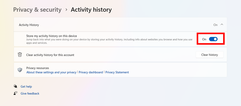 Windowsのアクティビティ履歴を無効にする設定画面