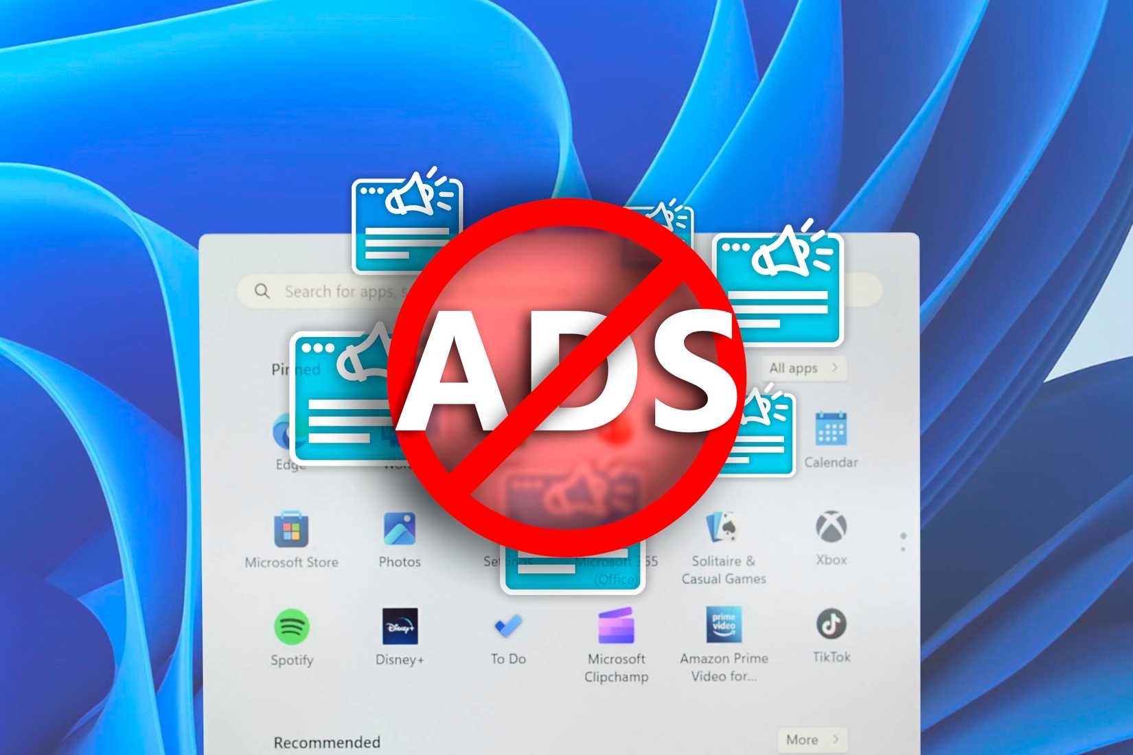 Menu iniciar do Windows 11 com alguns ícones de anúncios e um ícone de bloco.