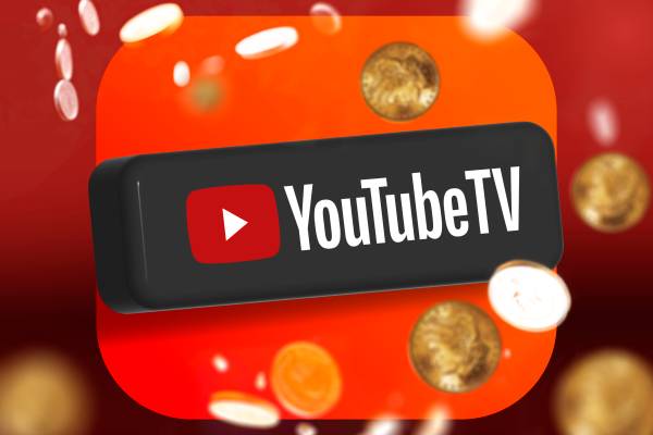 Youtube TV logo with several coins falling around.