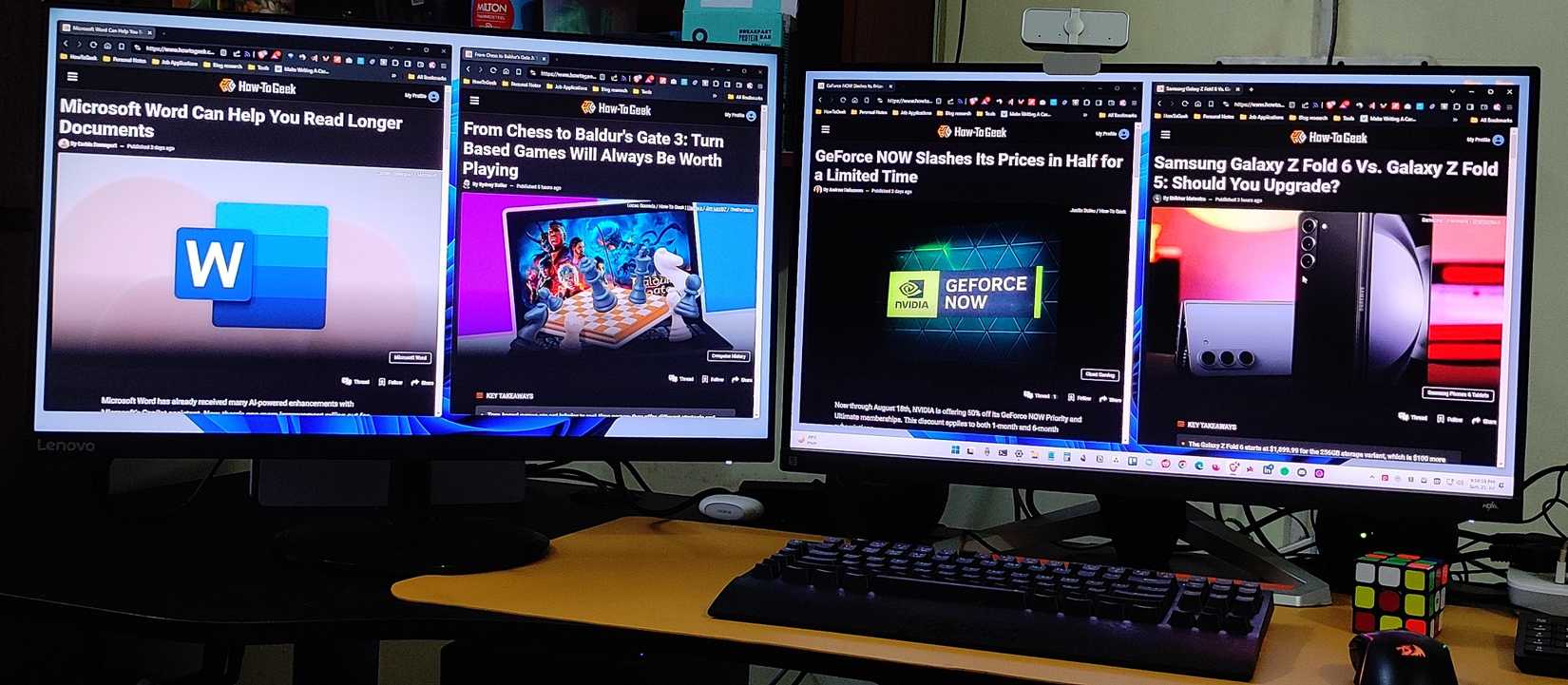 Four windows open in a dual monitor setup.