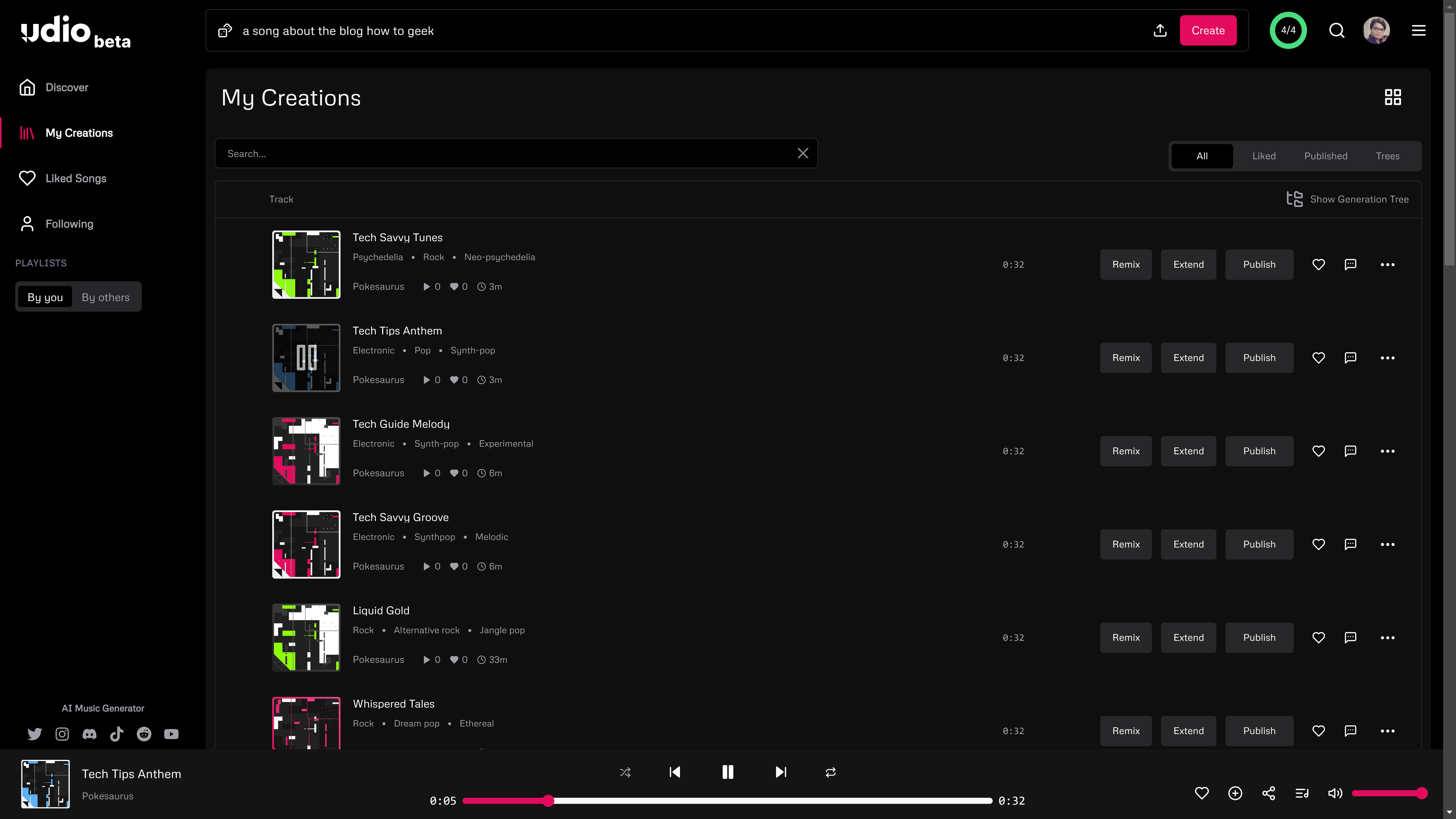 Udio user interface example