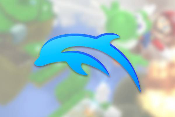 The Dolphin logo over a screenshot of Mario Galaxy 2.