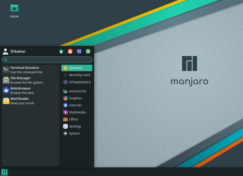 Menu Iniciar do Manjaro XFCE.