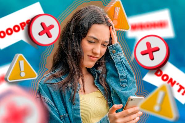 A frustrated girl looking at her phone with several alert bubbles and icons around her.