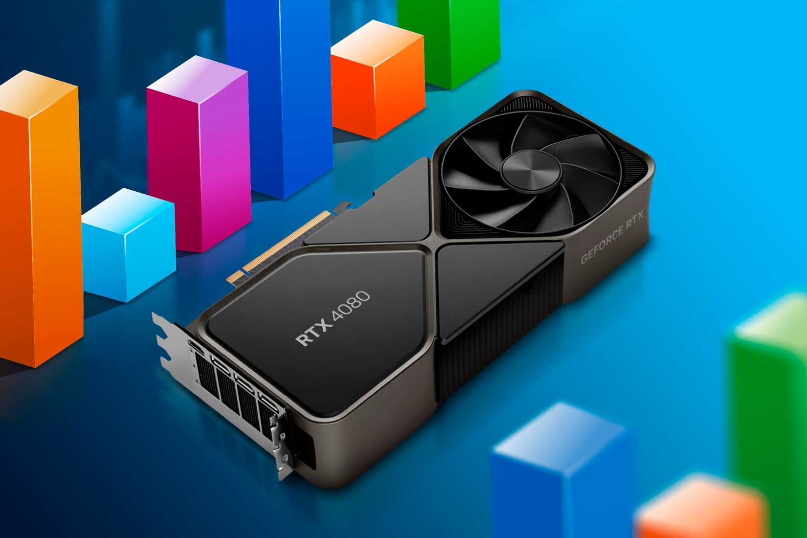 A GPU with some benchmarks charts around.