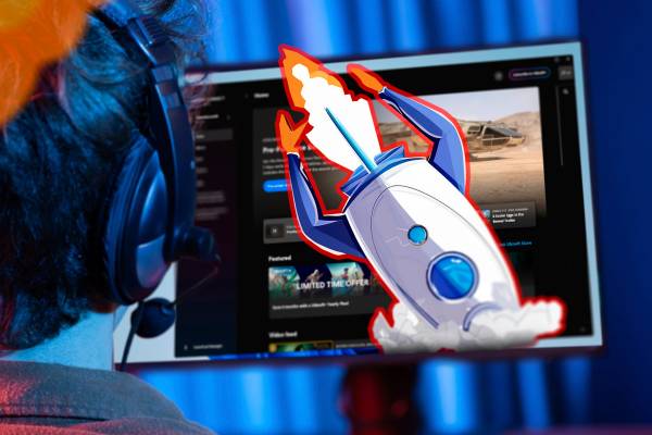 A guy using a gaming pc with a launcher and an illustration of a rocket falling down.