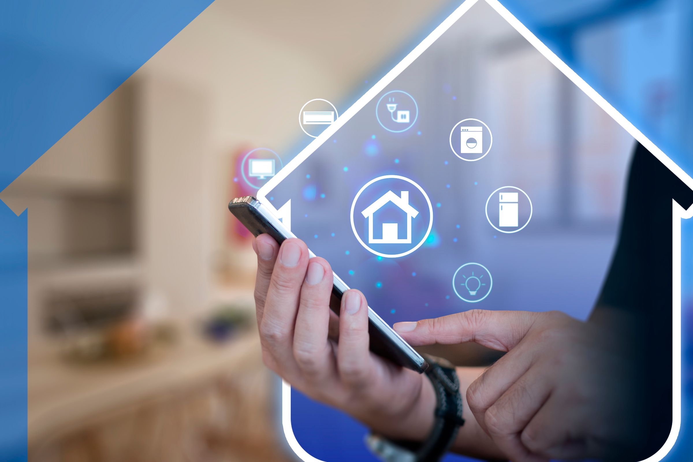 Рука держит смартфон, над экраном парят иконки умного дома.