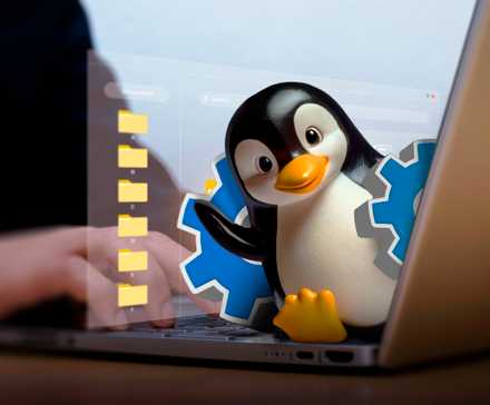 A hand using a laptop and Linux mascot coming out of the screen with a gear and some files behind.