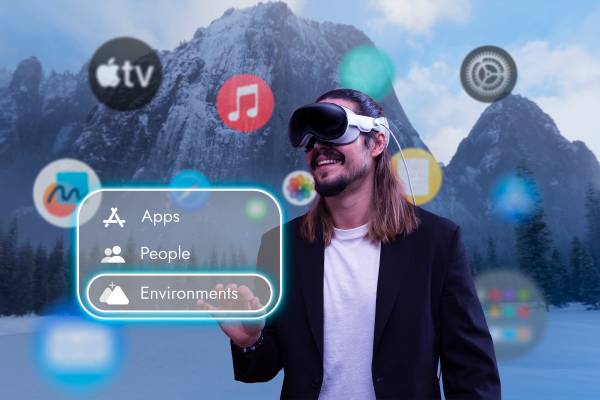 A person using Apple Vision Pro with the option to change the environment.