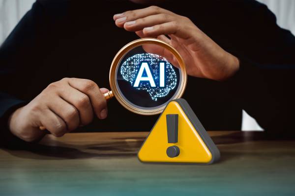 A person with a magnifying glass with the text 'AI' and a warning icon.