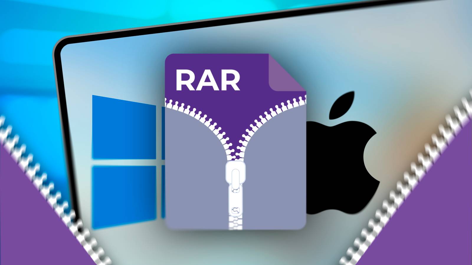 A RAR file icon and the Windows and Apple logos behind.