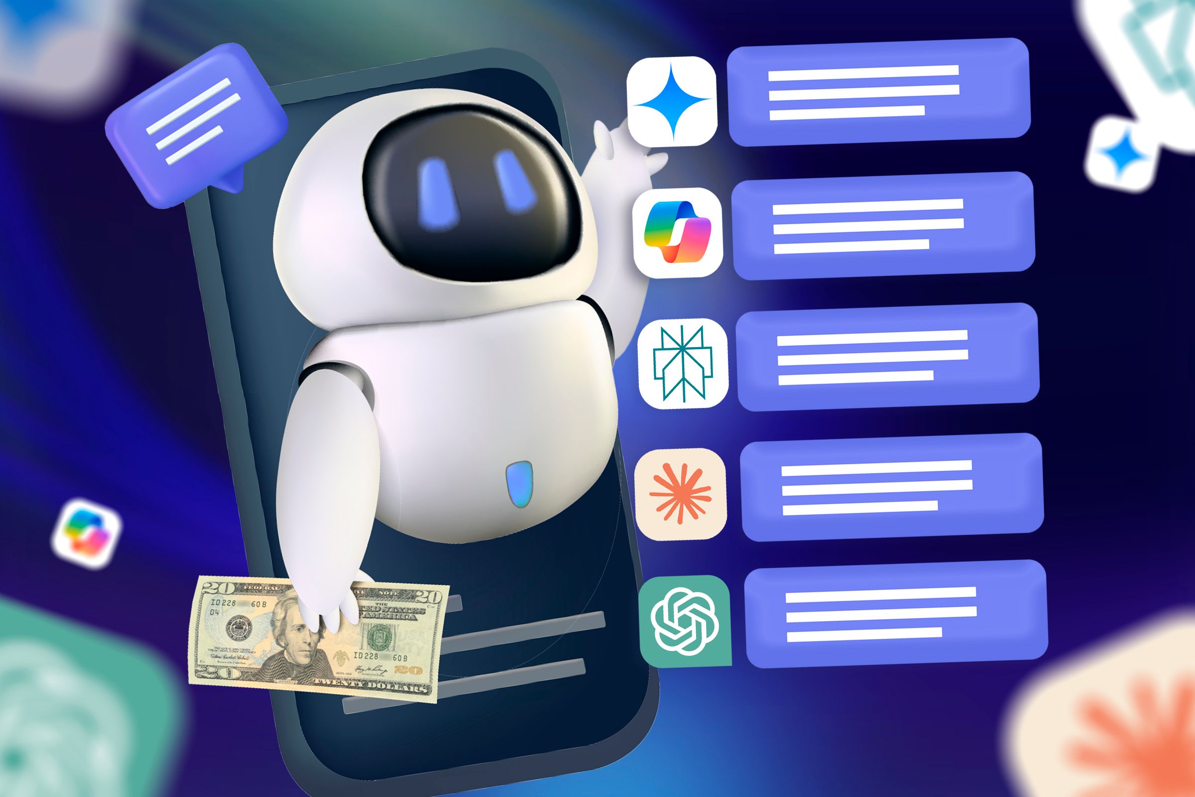 A robot comes out of the phone holding a $20 bill and several chatbot icons around it.