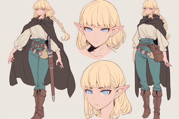 Character sheet of anime fantasy elf warrior seen from different poses.