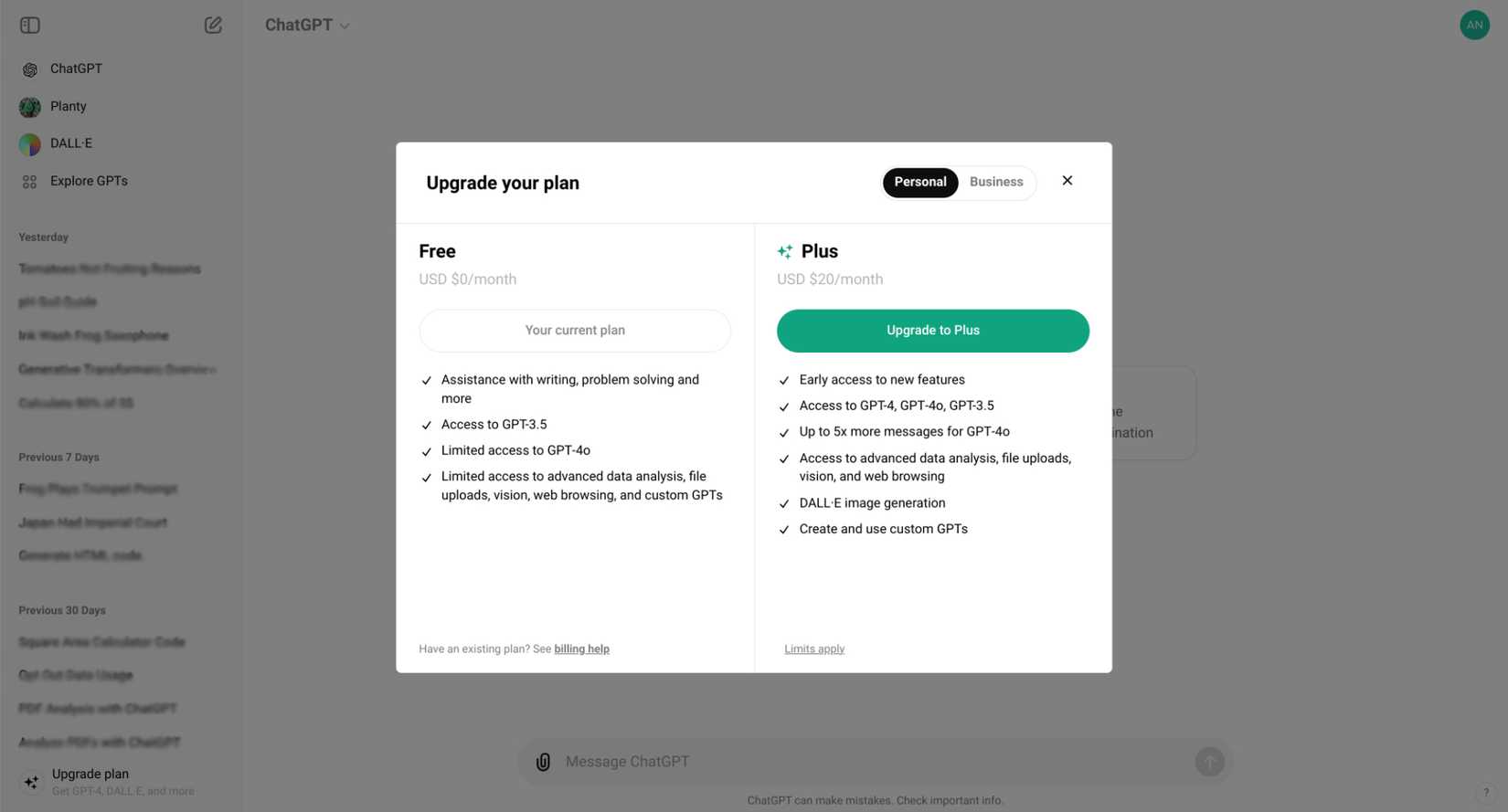 The ChatGPT plus upgrade screen.