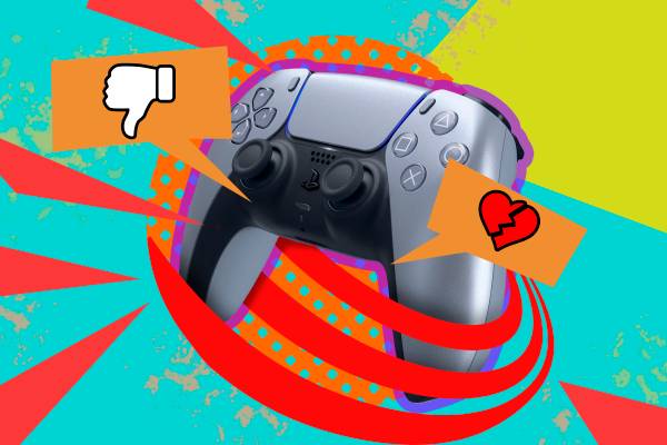 Collage of a PS5 controller with some disapproval icons around it.