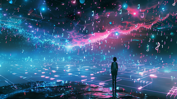 Cyrberspace where a person is standing on the edge and music notes and gradiant colors surrounding them