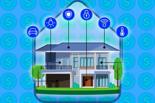 Illustration of a smart home with some money icons in the background.