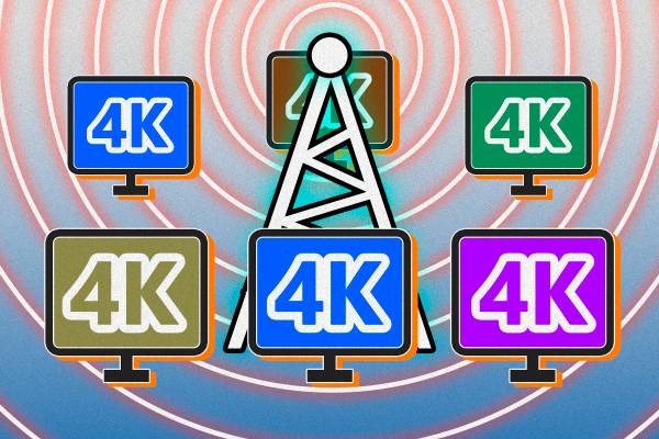 Illustration of an antenna and some TVs with '4K' on the screen.