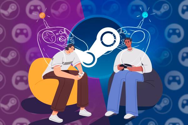 Illustration of two people playing video games in different places with the Steam logo in the center.