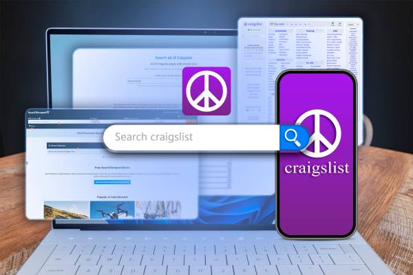 Laptop with multiple screens open, a cellphone on the right with the Craigslist logo, and a search bar in the center of the screen.