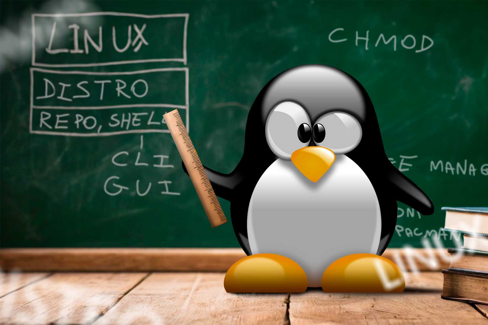 Mascote do Linux em frente a um quadro negro ensinando alguns termos do Linux.