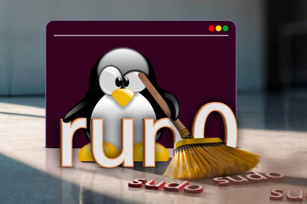 Linux mascot with a broom, the run0 command in front of him, and the sudo command being swept away.