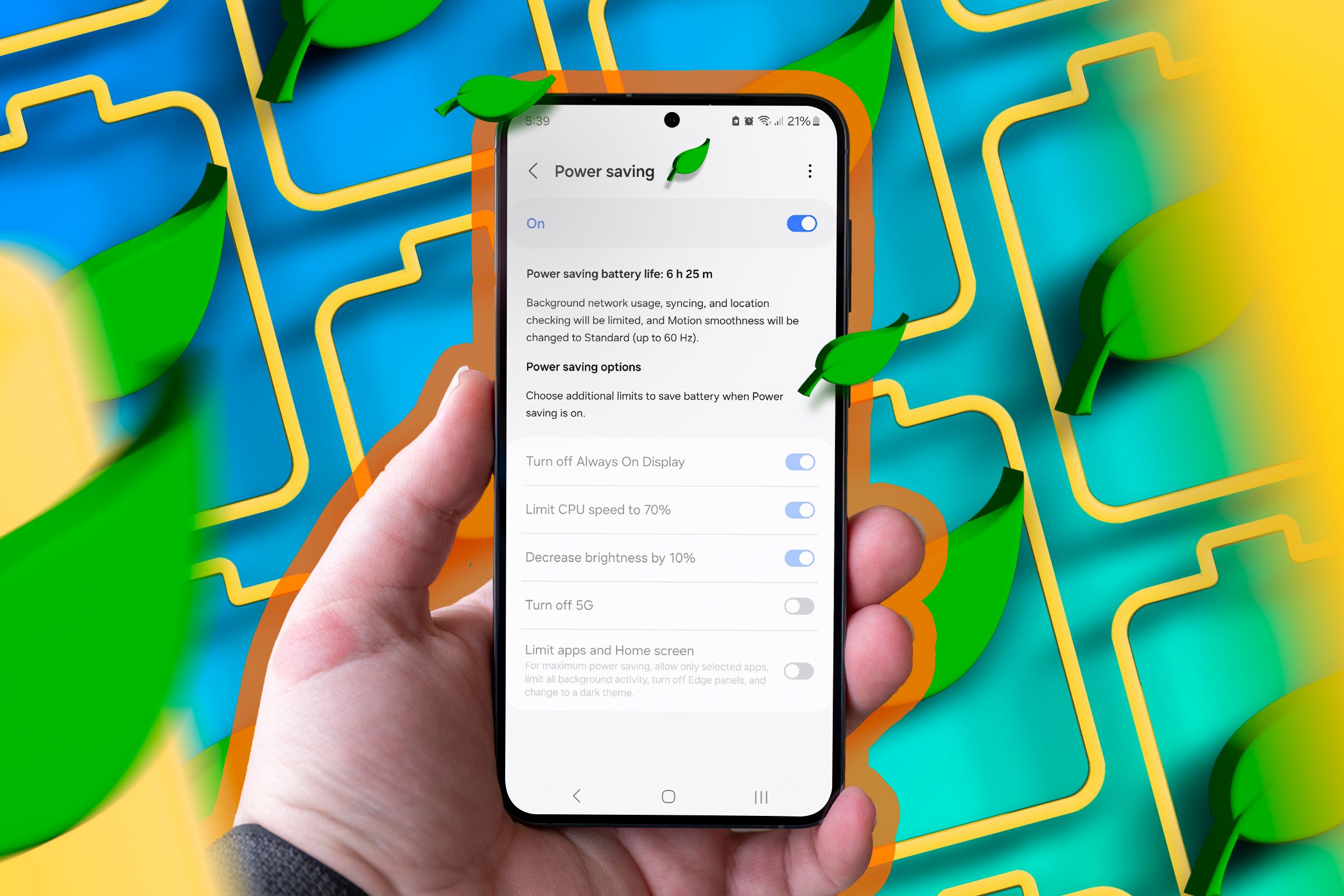 Configurações de economia de energia na tela do telefone com vários ícones ao redor.