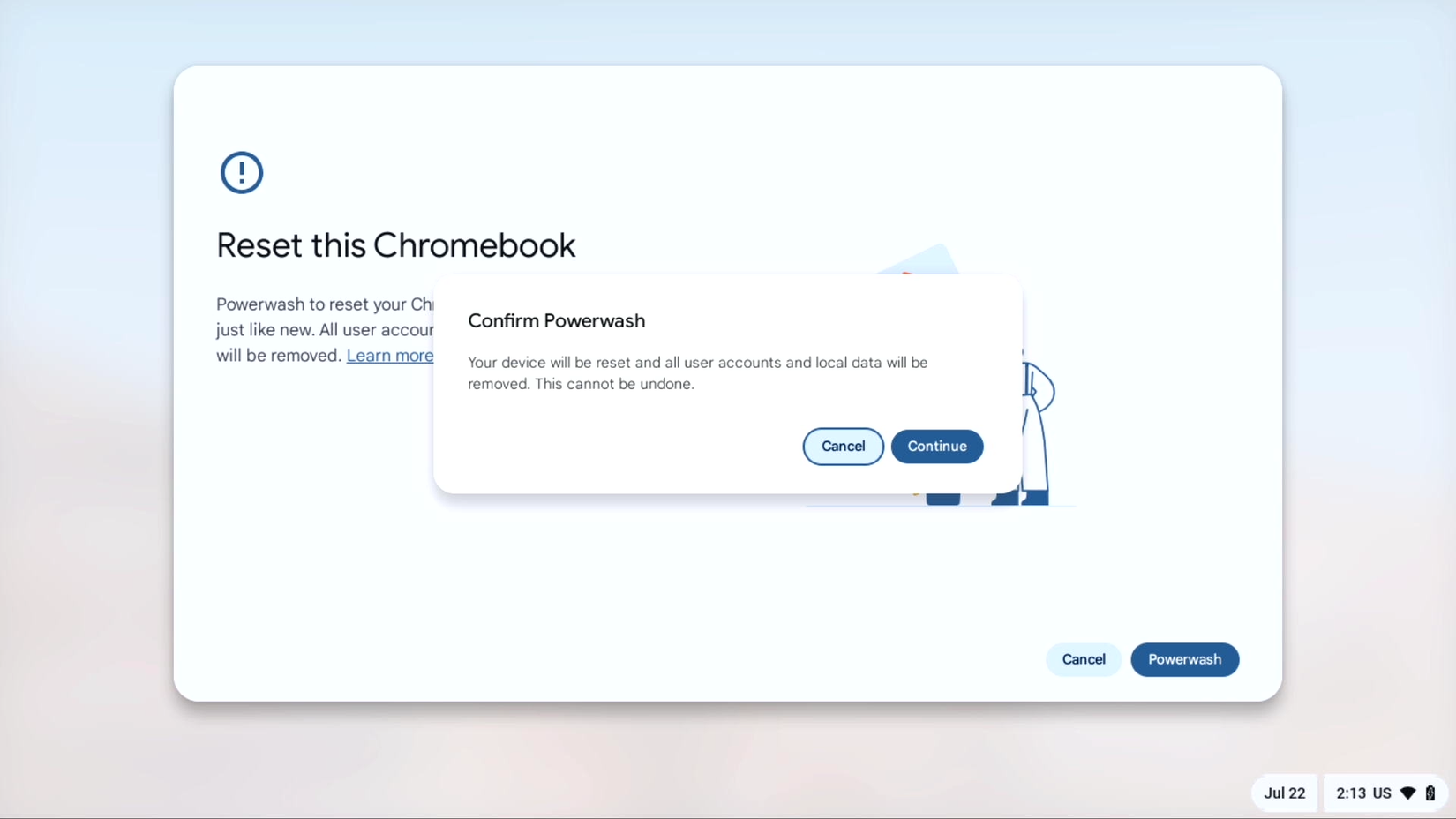 Подтверждение сброса Powerwash на Chromebook.