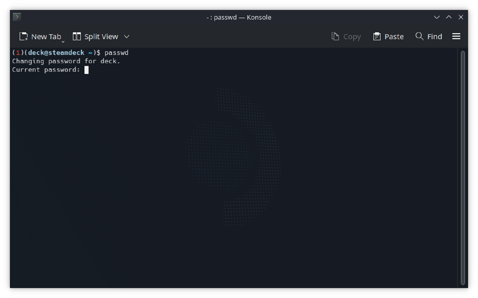 A linha de comando de entrada de senha no aplicativo Konsole no Steam Deck