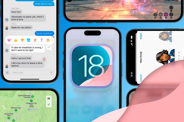 Several iPhones with the iOS 18 logo in the center.