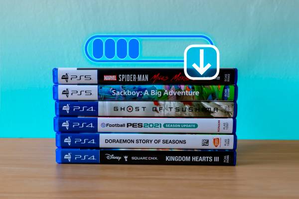 Stack of Blu-ray boxes with Playstation 5 and 4 games and an install icon.