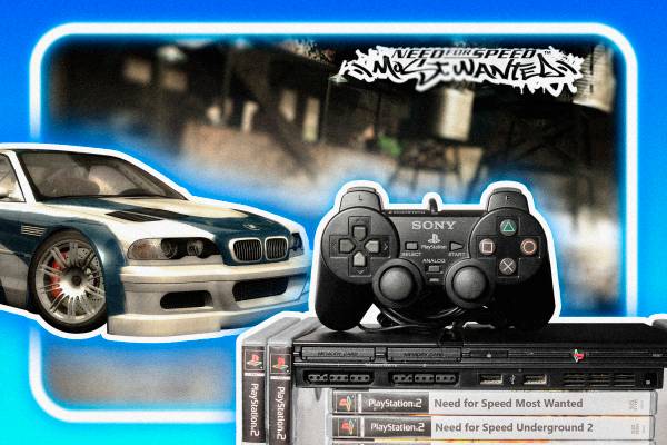 The start screen of Need for Speed Most Wanted with a neon light around it and a PlayStation 2 controller on top of some games.