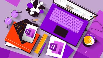 Top view of a workspace with a laptop, other office equipment, and the OneNote logo.