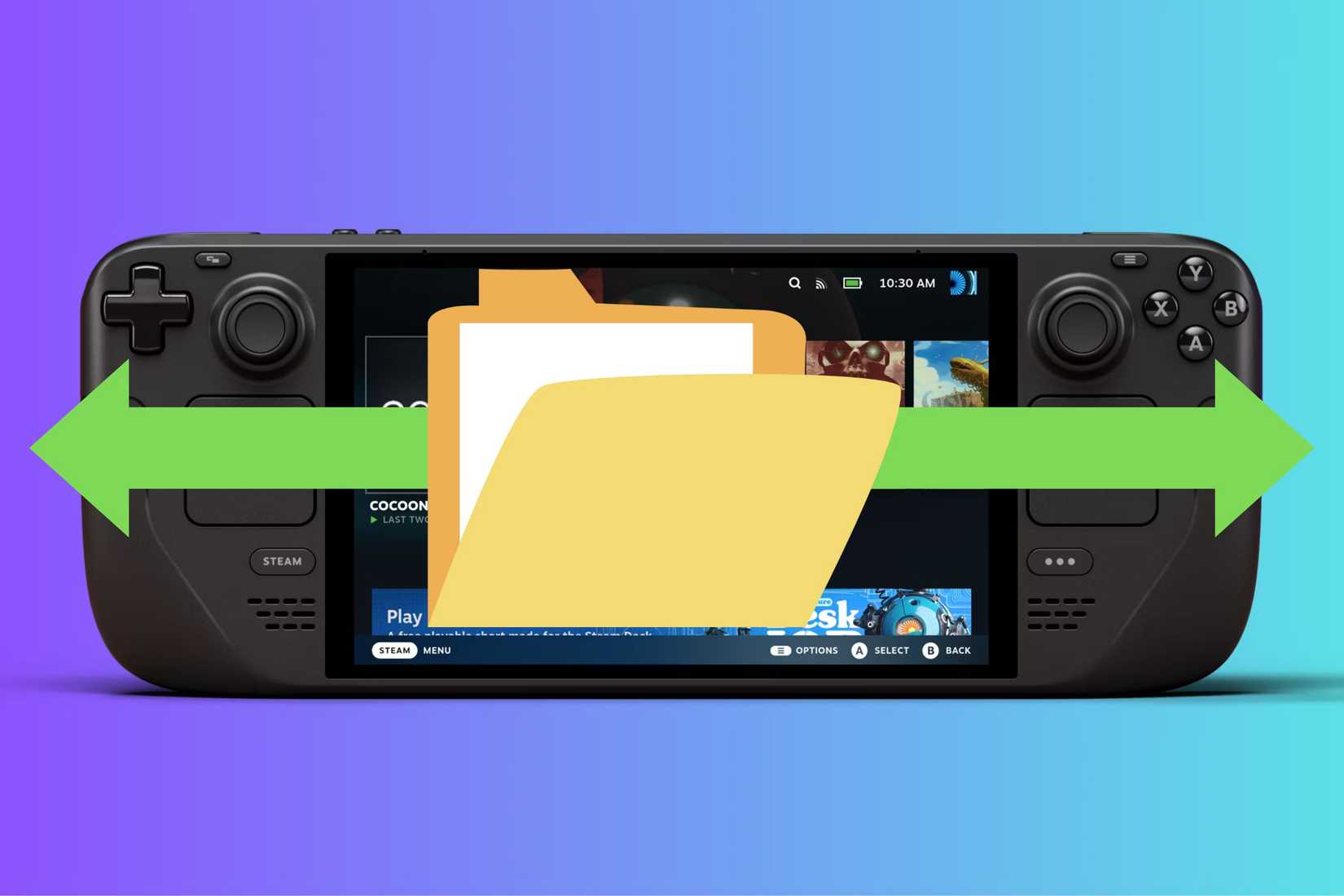 A Steam Deck OLED model with a file folder in front of it.