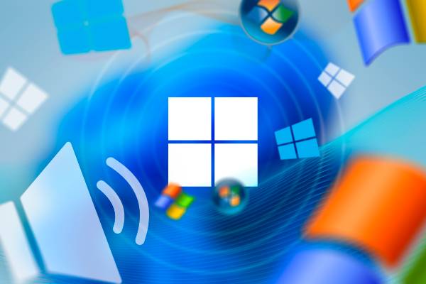 Windows 11 logo with a speaker icon and some old Windows logos.