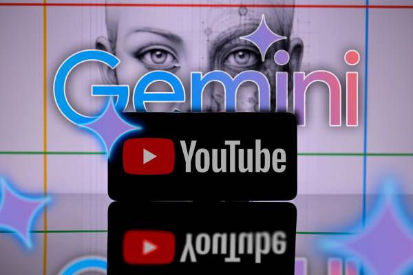 YouTube logo on a phone screen with the Gemini logo in the background.